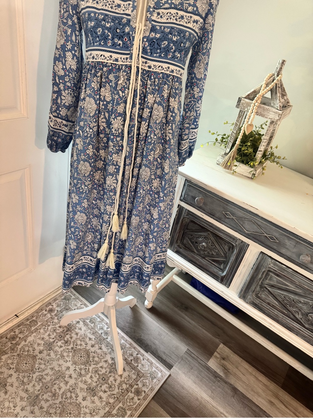 R. Vivimos Bohemian Blue Floral Tassel Midi Dress | Size Small - Picture 9 of 12